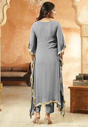Embroidered Georgette Kaftan Style Kurta Set in Grey