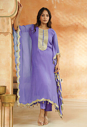 Embroidered Georgette Kaftan Style Kurta Set in Light Purple