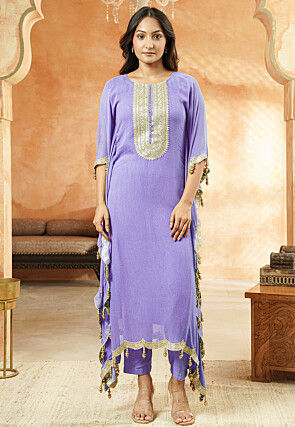 Embroidered Georgette Kaftan Style Kurta Set in Light Purple