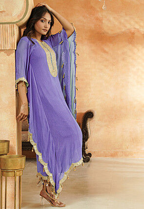Embroidered Georgette Kaftan Style Kurta Set in Light Purple