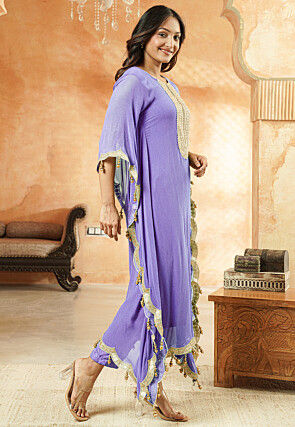 Embroidered Georgette Kaftan Style Kurta Set in Light Purple