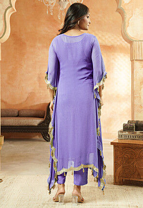 Embroidered Georgette Kaftan Style Kurta Set in Light Purple