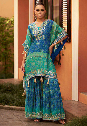 Embroidered Georgette Kaftan Set in Blue and Green