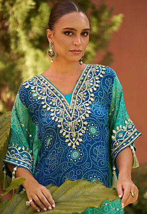 Embroidered Georgette Kaftan Set in Blue and Green