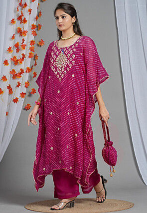 Embroidered Georgette Kaftan Set in Fuchsia