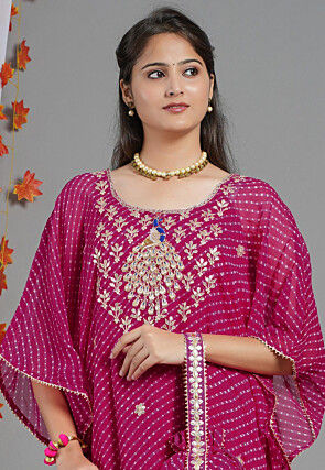 Embroidered Georgette Kaftan Set in Fuchsia