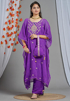 Embroidered Georgette Kaftan Set in Purple