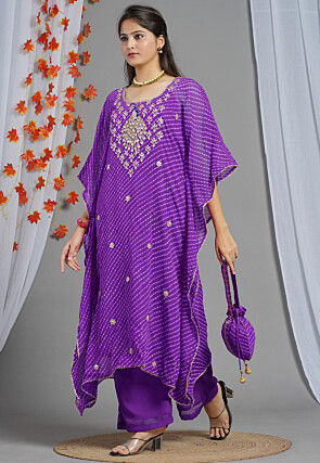 Embroidered Georgette Kaftan Set in Purple