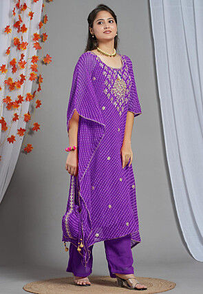 Embroidered Georgette Kaftan Set in Purple