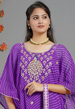 Embroidered Georgette Kaftan Set in Purple