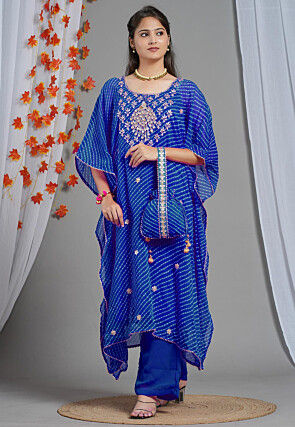 Embroidered Georgette Kaftan Set in Royal Blue