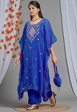 Embroidered Georgette Kaftan Set in Royal Blue