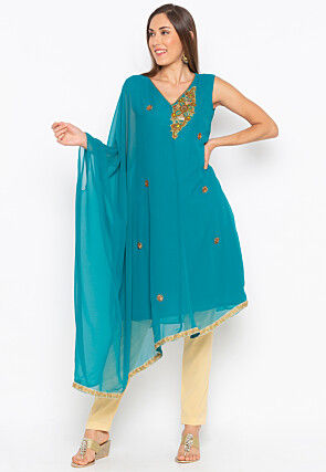 Embroidered Georgette Kaftan Style Kurta in Turquoise Blue
