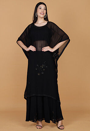 Embroidered Georgette Kaftan Style Kurta Set in Black
