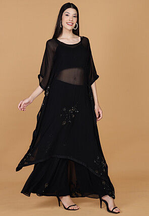 Embroidered Georgette Kaftan Style Kurta Set in Black