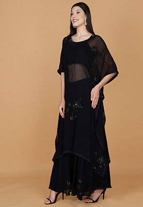 Embroidered Georgette Kaftan Style Kurta Set in Black