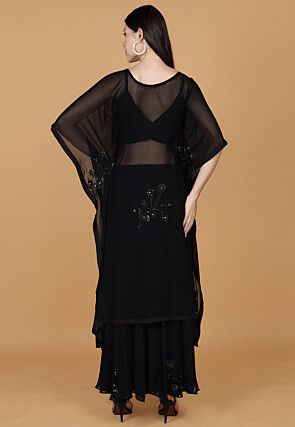 Embroidered Georgette Kaftan Style Kurta Set in Black
