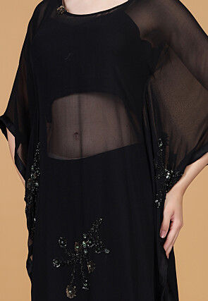 Embroidered Georgette Kaftan Style Kurta Set in Black