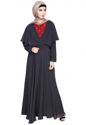 Embroidered Georgette Kimono Style Abaya in Charcoal Black