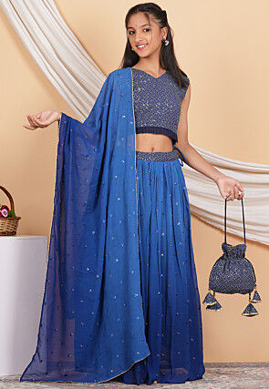 Embroidered Georgette Knife Pleated Lehenga in Shaded Blue