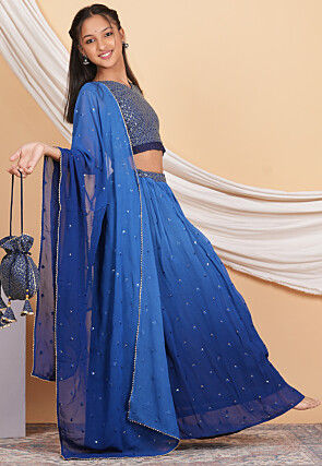 Embroidered Georgette Knife Pleated Lehenga in Shaded Blue