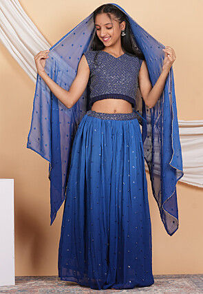 Embroidered Georgette Knife Pleated Lehenga in Shaded Blue