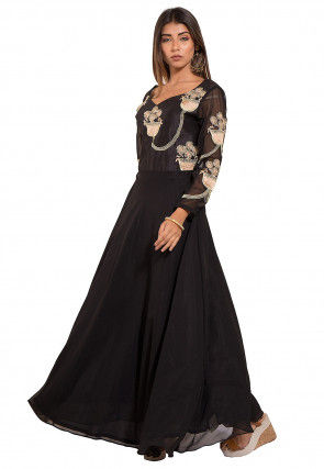 Embroidered Georgette Gown in Black