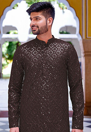 Embroidered Georgette Kurta in Brown