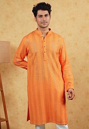 Embroidered Georgette Kurta in Light Orange