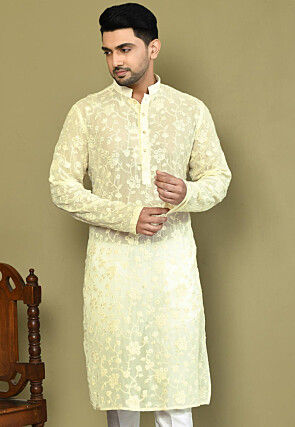 Embroidered Georgette Kurta in Light Yellow