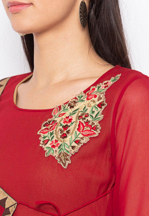 Embroidered Georgette Kurta in Maroon and Beige