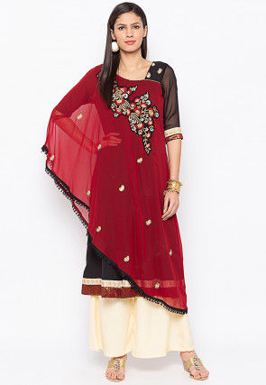 Embroidered Georgette Kurta in Maroon and Black