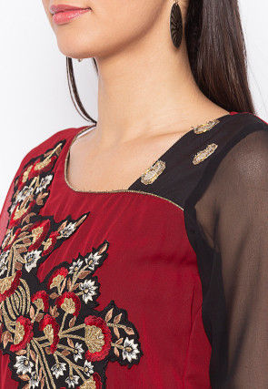 Embroidered Georgette Kurta in Maroon and Black
