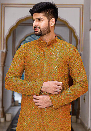 Embroidered Georgette Kurta in Mustard