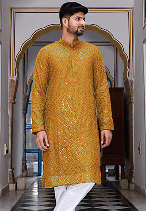 Embroidered Georgette Kurta in Mustard