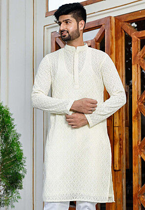 Embroidered Georgette Kurta in Off White
