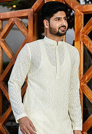 Embroidered Georgette Kurta in Off White