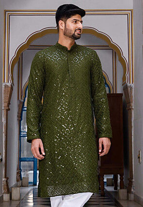 Embroidered Georgette Kurta in Olive Green