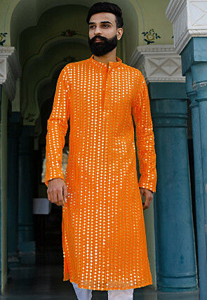 Embroidered Georgette Kurta in Orange
