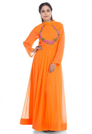 Embroidered Georgette Kurta in Orange
