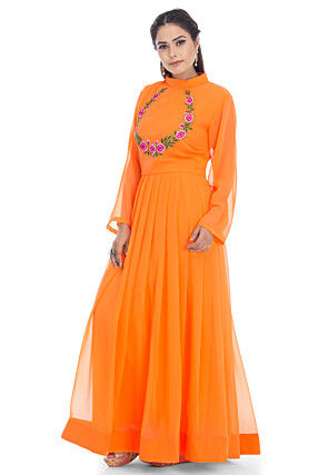 Embroidered Georgette Kurta in Orange