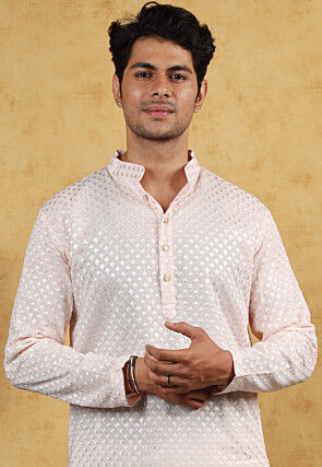 Embroidered Georgette Kurta in Pastel Peach