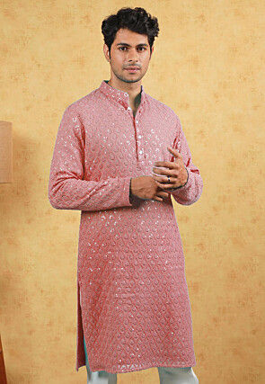 Embroidered Georgette Kurta in Peach