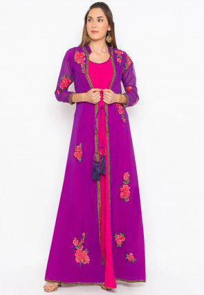 Embroidered Georgette Kurta in Pink and Purple