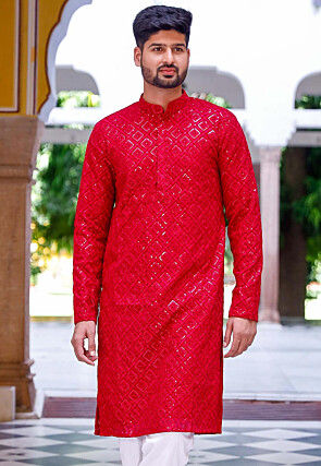 Embroidered Georgette Kurta in Red