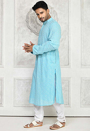 Embroidered Georgette Kurta in Sky Blue
