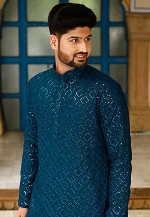 Embroidered Georgette Kurta in Teal Blue