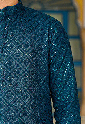 Embroidered Georgette Kurta in Teal Blue