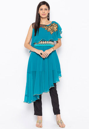 Embroidered Georgette Kurta in Teal Blue