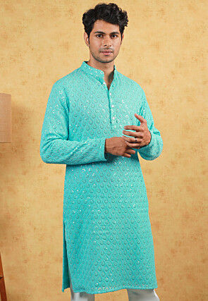 Embroidered Georgette Kurta in Turquoise